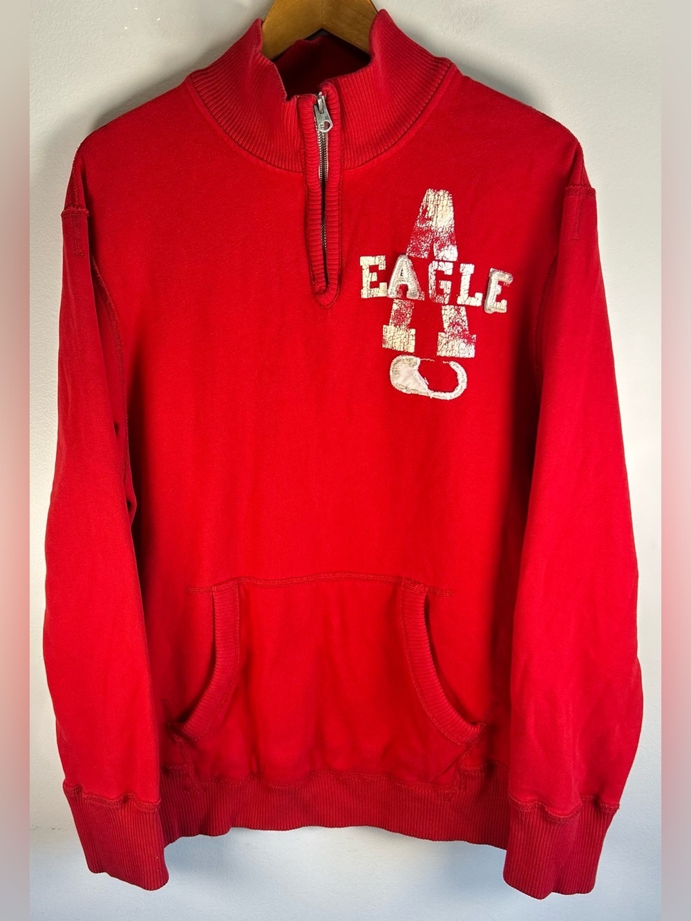 American Eagle Men’s Sweater XL Red 1/4 Zip Mock Neck Plush Preppy Logo Pullover